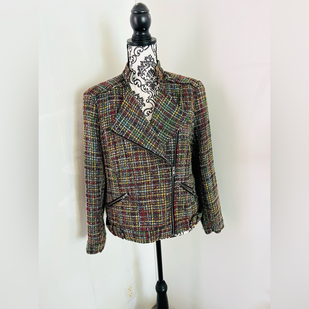 Coldwater Creek Women’s Colorful Shaped Tweed Textured Zip Moto Jacket